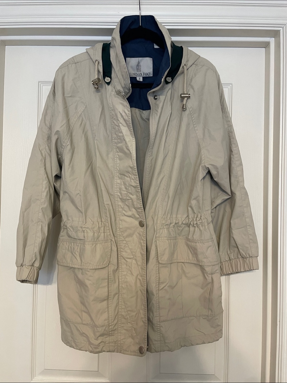London Fog Beige Hooded Trench Coat with Navy Lining -Size 8
